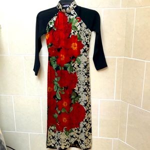 Designer Fabric Silk Ao Dai Vietnamese Cultural Dress XXS Petite